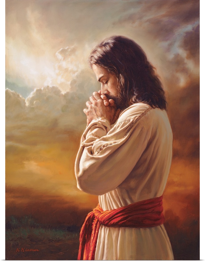 Fine art painting of Jesus praying in front of a sunset while wearing a red belt.