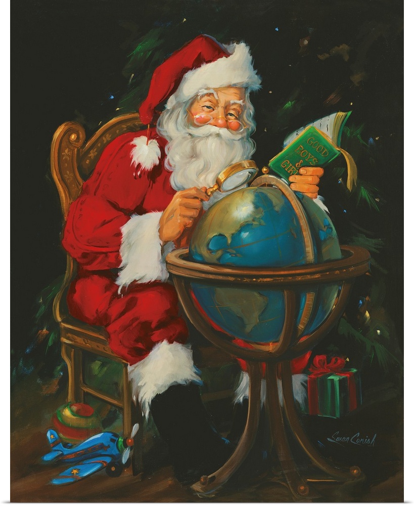 Santa Claus looking at a globe.