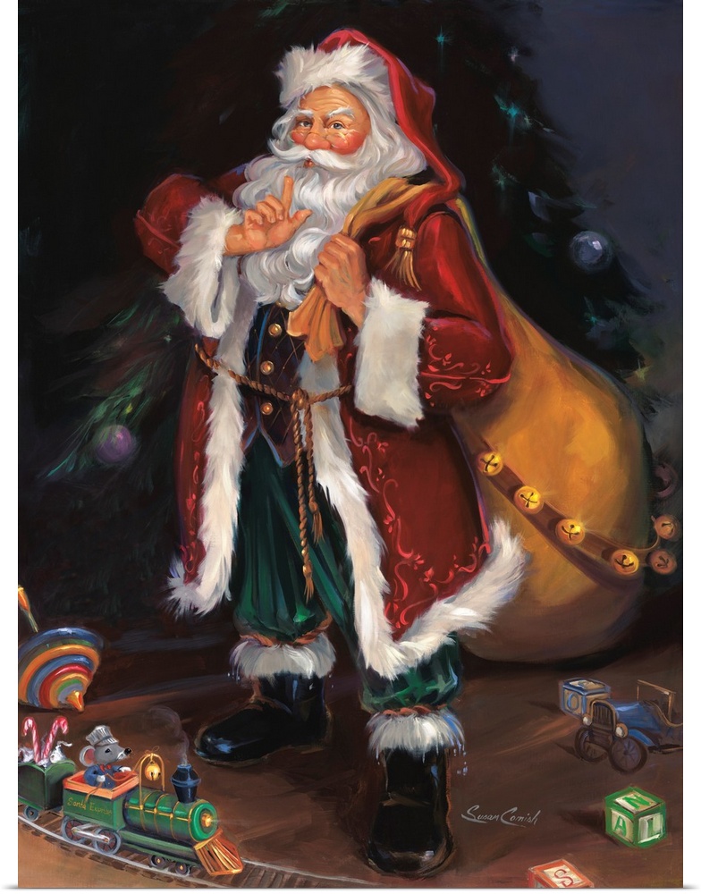 Fine art painting of Santa Claus wearing a red coat with toys at his feet.