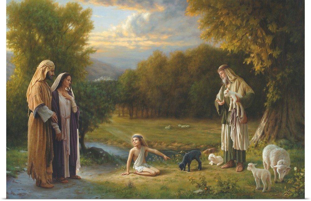Beautiful landscape with Christ and his family picking out a sheep.