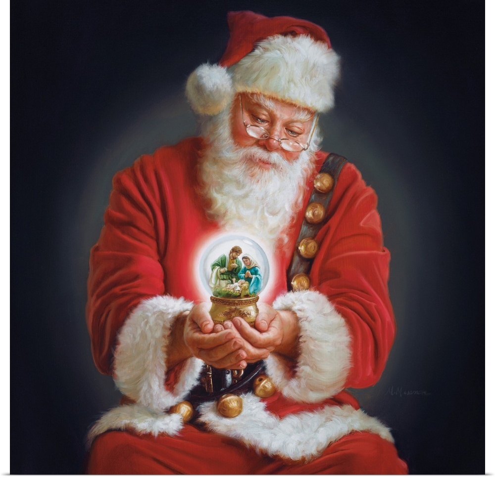 Painting of Santa in a red suit holding a snowglobe.