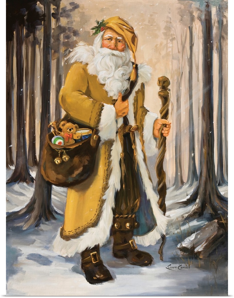 Painting of Santa in a yellow suit walking through the woods.