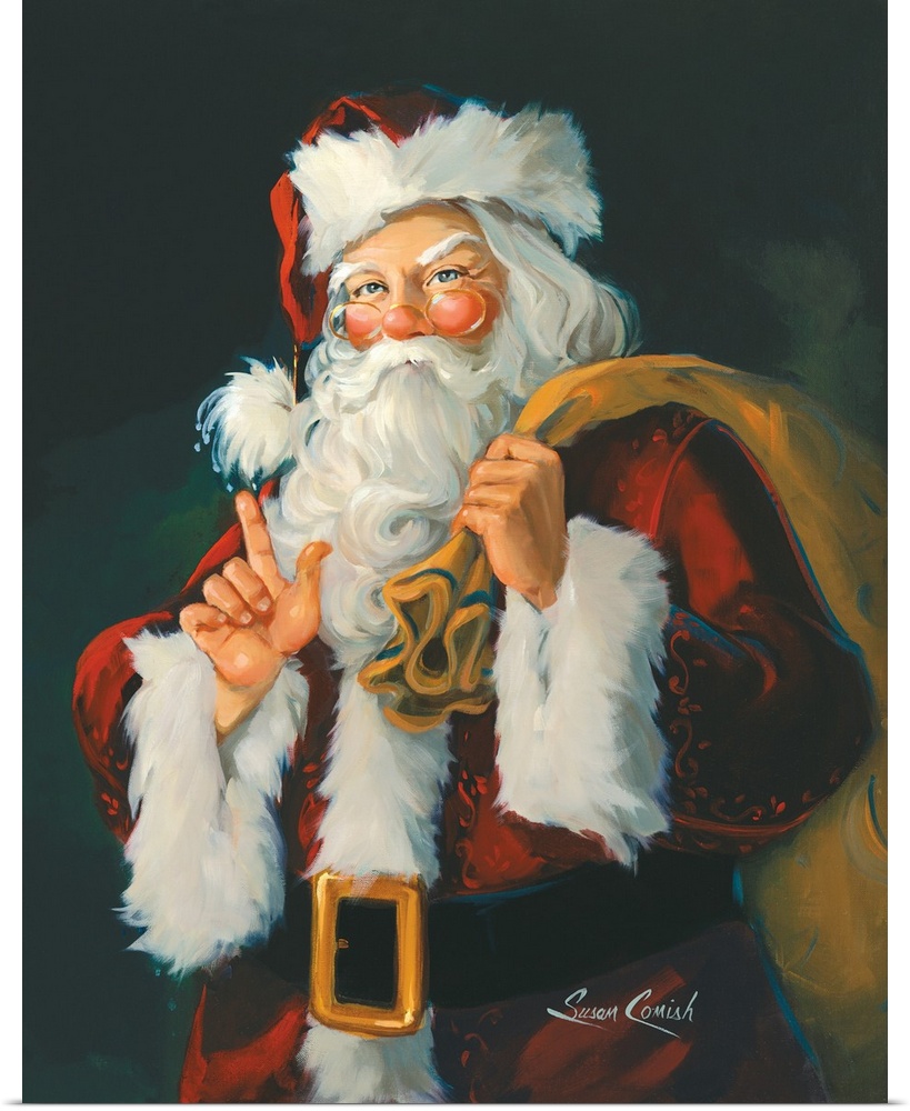 Painting of Santa holding a bag of toys.