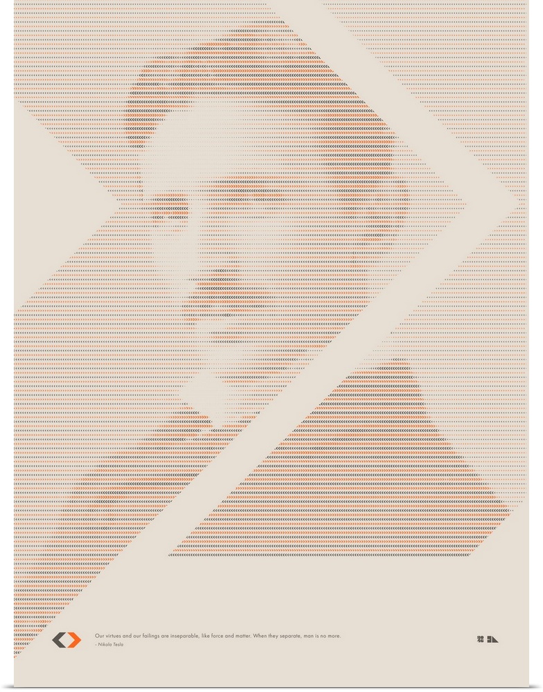 Graphic poster of Nikola Tesla made up entirely of orange, black, and gray arrows. Inspired by the great minds of science ...
