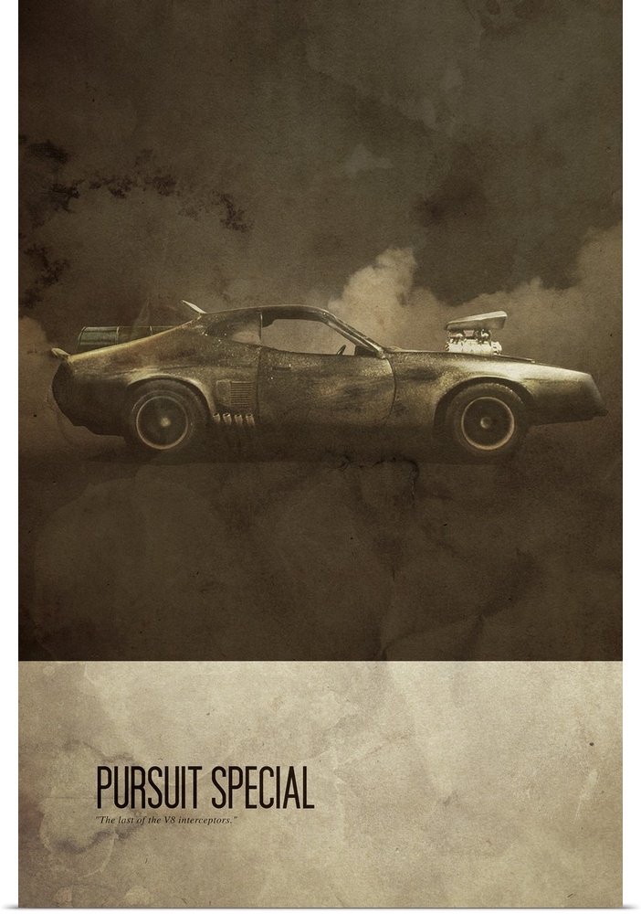 The text under Pursuit Special reads: The last of the V8 interceptors. A quote from the film: The Road Warrior. Monochroma...