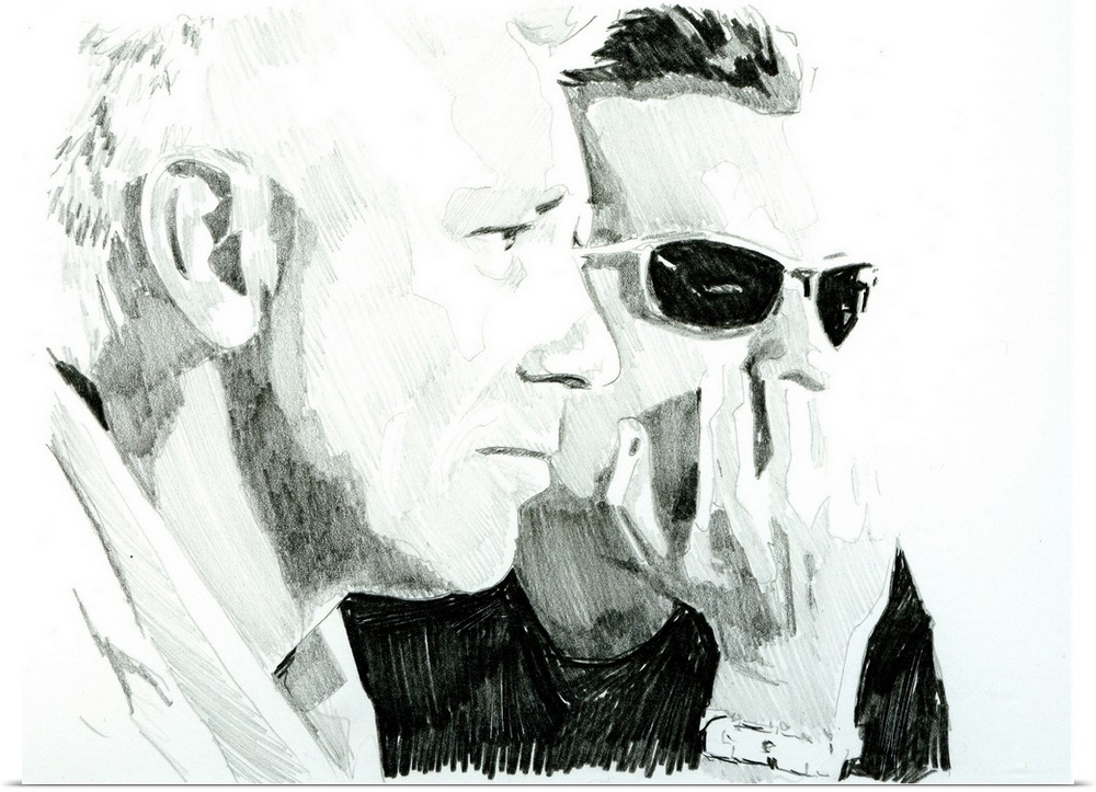 Adam Clayton and Larry Mullen in a high-contrast drawing.