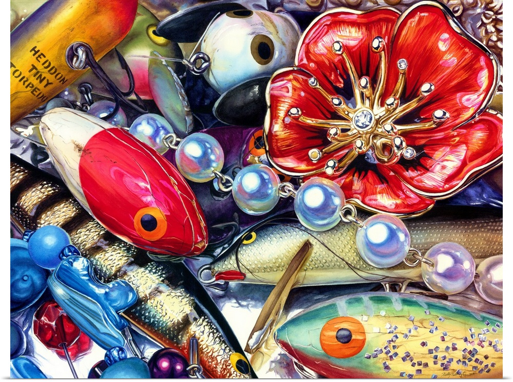 A watercolor painting of fishing lures and jewelry.