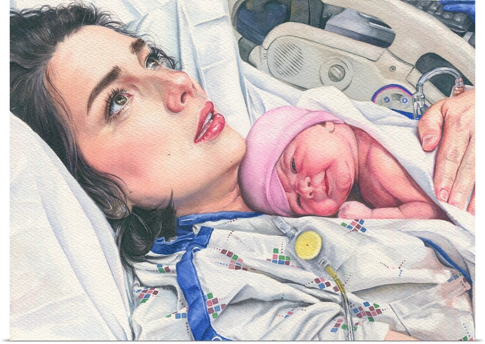 Horizontal watercolor painting of the moment after a woman gave birth to a new baby girl.