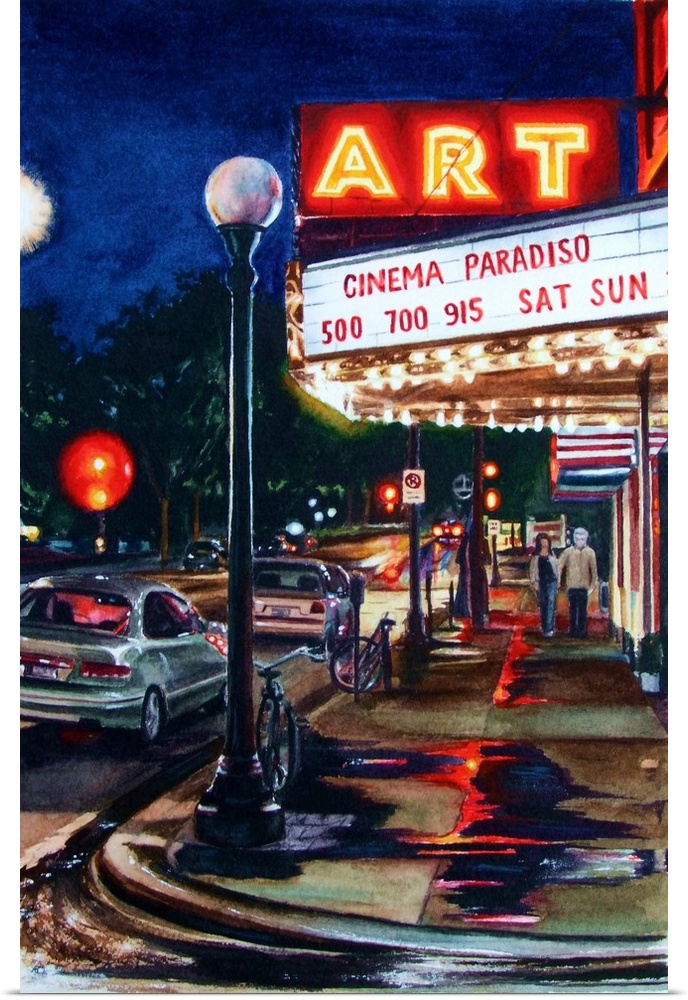 A contemporary watercolor painting of a couple walking towards the Champaign's Art Theater in Illinois.