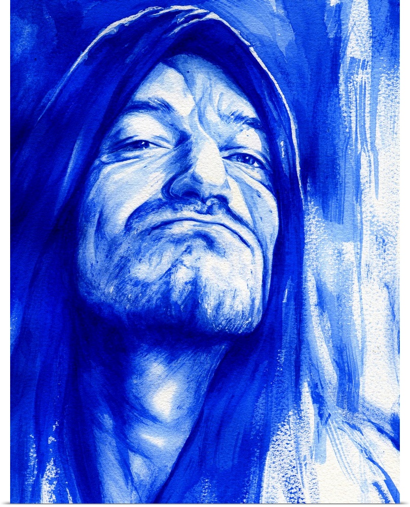 Watercolor portrait of Bono in shades of Ultramarine blue.