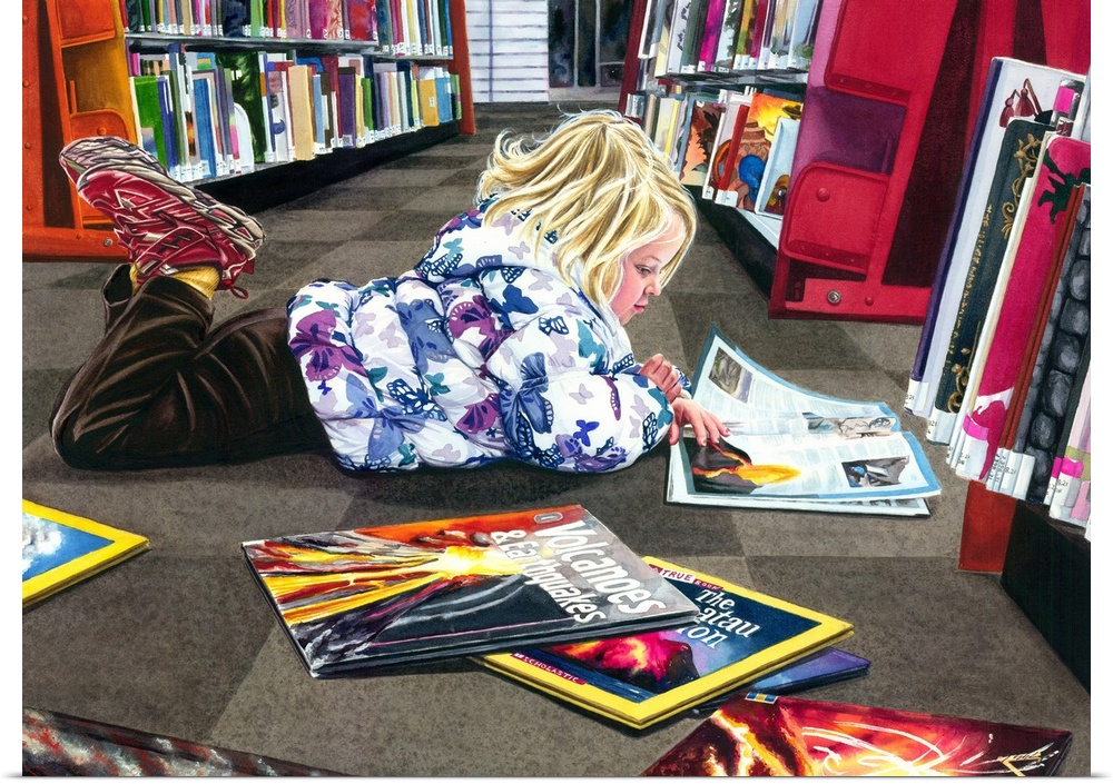 A watercolor portrait of a young girl laying on the floor of a book store looking at books about volcanos.