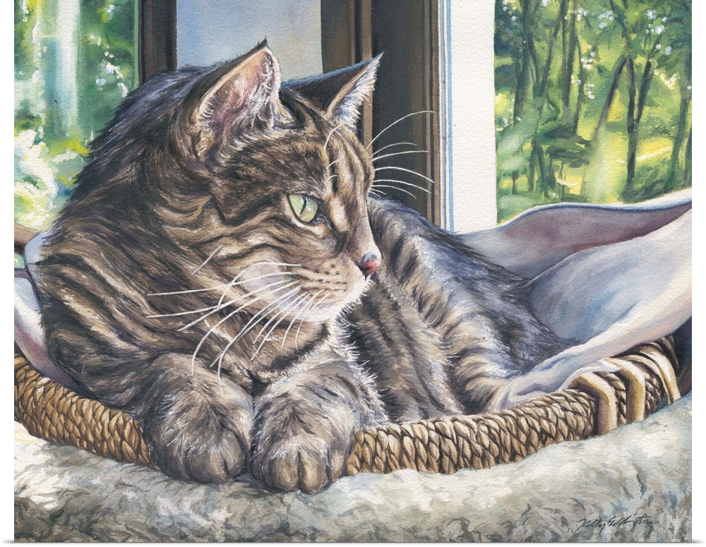 Watercolor painting of a cat about to take an afternoon nap in her basket.
