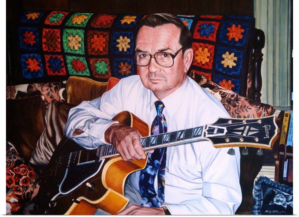 A contemporary watercolor portrait of a man holding a Gibson Super 400 guitar.