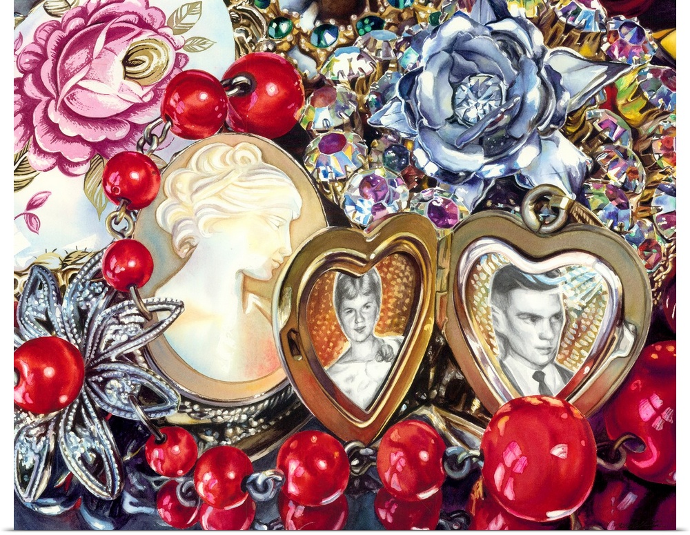 Detailed watercolor painting of a variety of jewelry, including a locket and brooch.