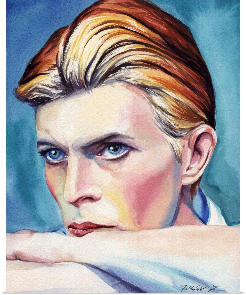 A watercolor portrait of David Bowie.