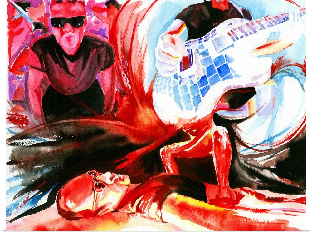 Watercolor Illustration inspired by U2's video for Discotheque starring Edge and Larry.