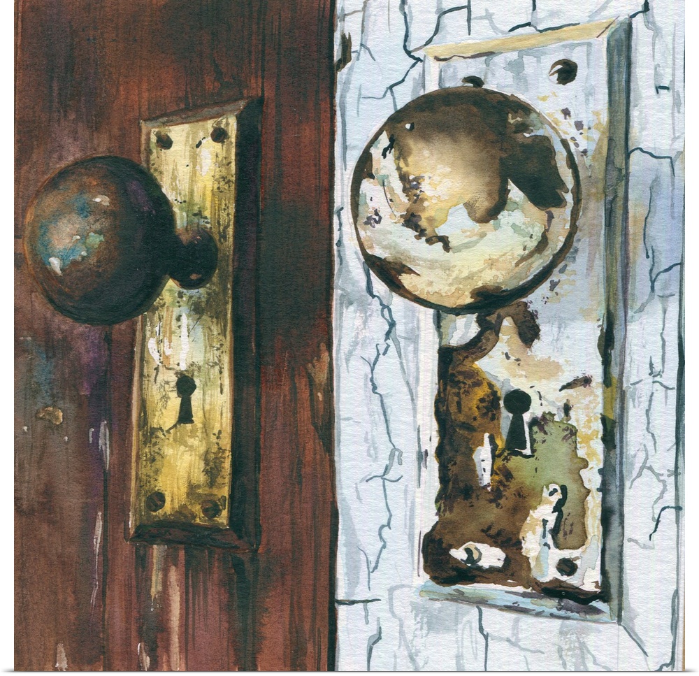 A square watercolor painting of weathered doorknobs.