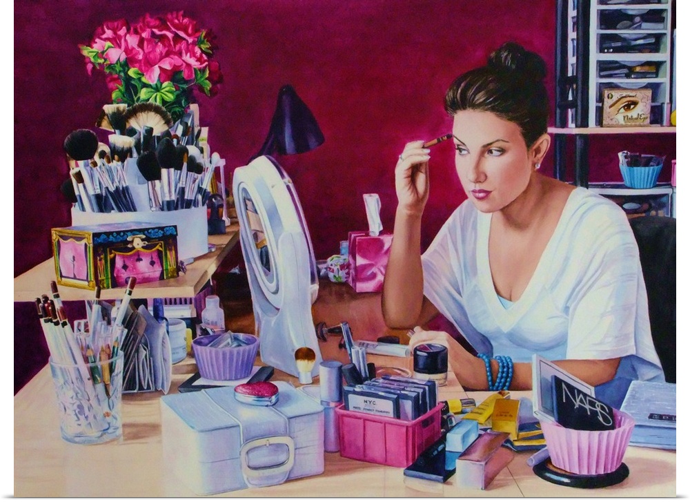 A contemporary watercolor painting of a young woman putting on makeup at a desk.