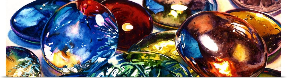 A close up painting of big glass gems in watercolor.