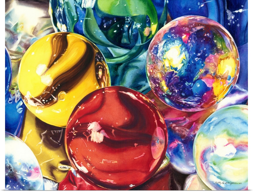Watercolor painting of colored marbles.