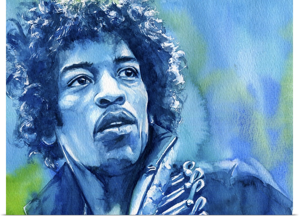 A watercolor painting of Jimi Hendrix in shades of green and blue.