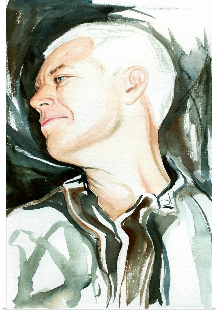 Vertigo-era Adam Clayton in a loose watercolor portrait, one of four band members.