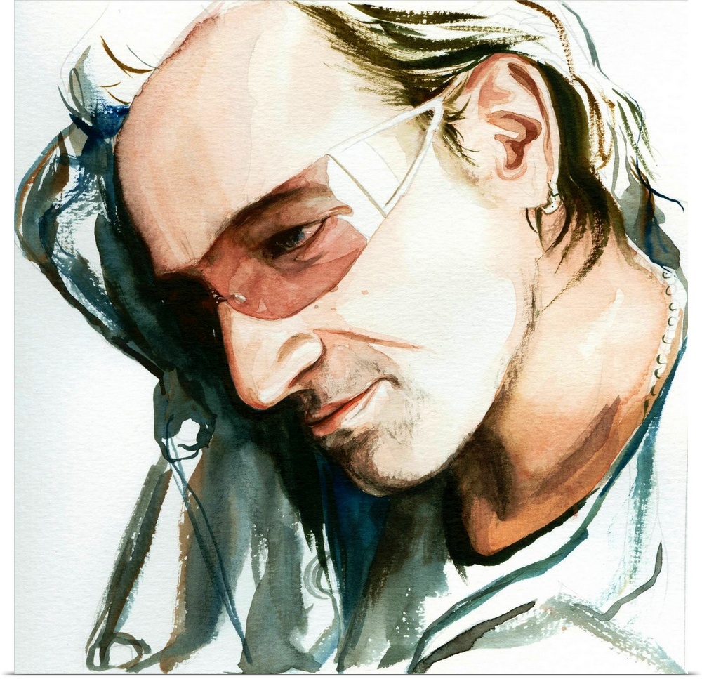 Vertigo-era Bono in a loose watercolor portrait, one of four band members.