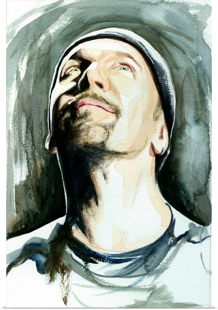 Vertigo-era Edge in a loose watercolor portrait, one of four band members.