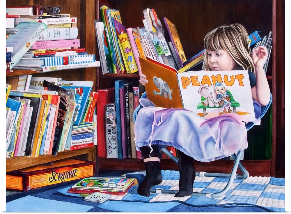 Contemporary watercolor painting of a young girl reading a book next to a bookcase.