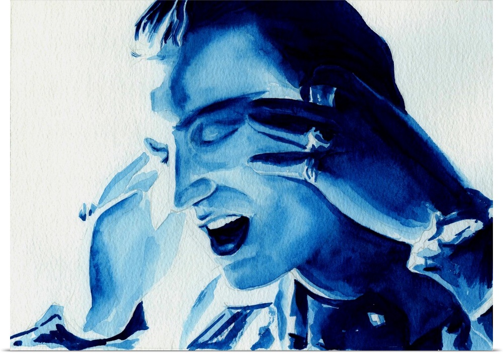Monochromatic watercolor portrait of Bono as Mr. MacPhisto, Zooropa-era U2.