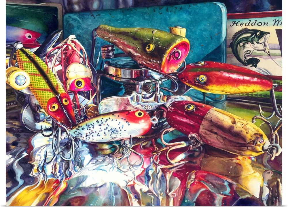 Watercolor painting of a collection of antique fishing lures. I placed them on a piece of aluminum foil along with some ot...