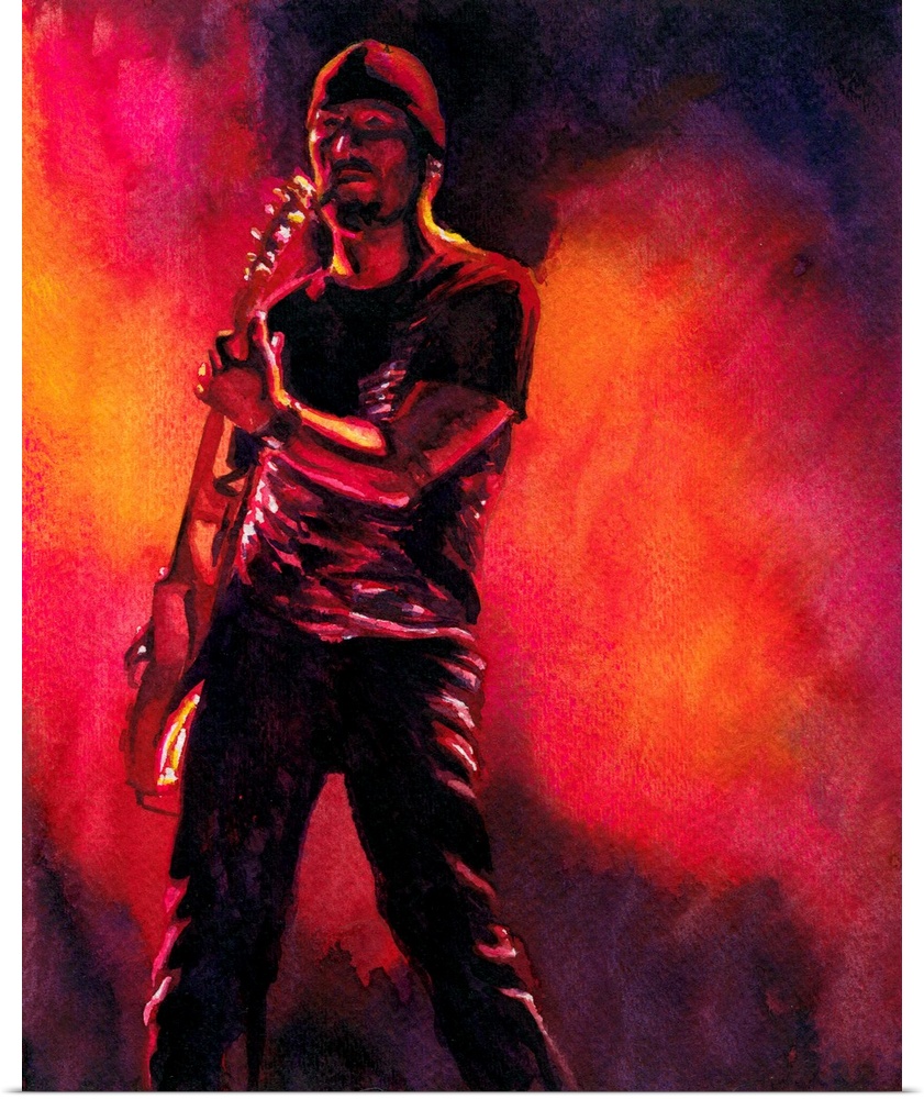 Illustration for atu2.com of the Edge from U2 in watercolor.