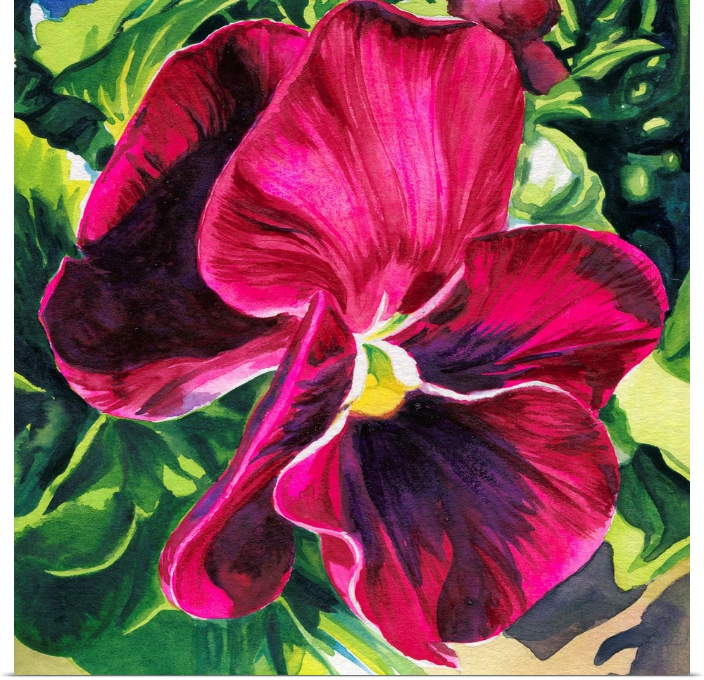 Vertical watercolor painting of a vibrant pansy.