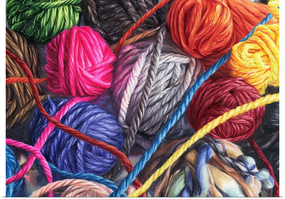 A horizontal watercolor of a bunch of balls of yarn in a variety of colors.