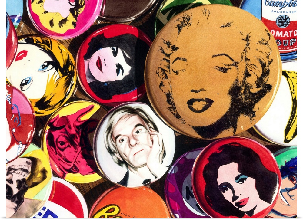Watercolor painting of a collection of Andy Warhol pins on a wooden table.