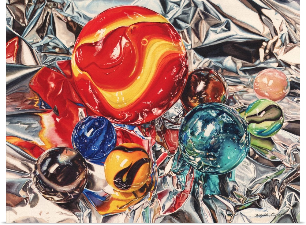 Watercolor painting of colored marbles on a crumpled sheet of foil.