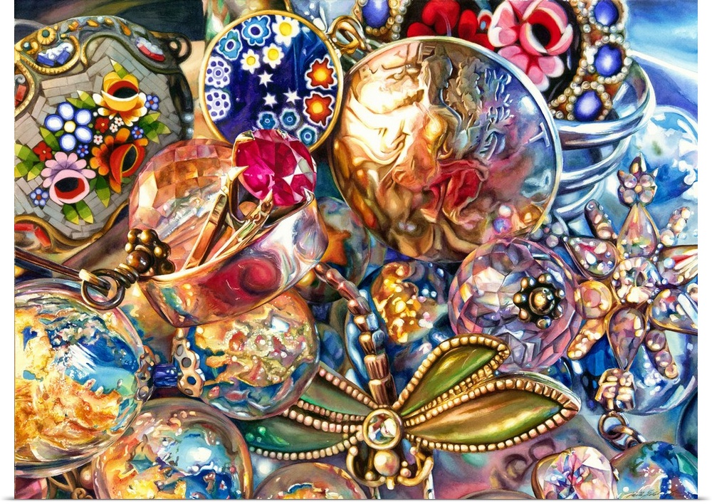A horizontal painting of a variety of jewelry laid upon a table, including a Navajo bracelet and dragonfly pin.