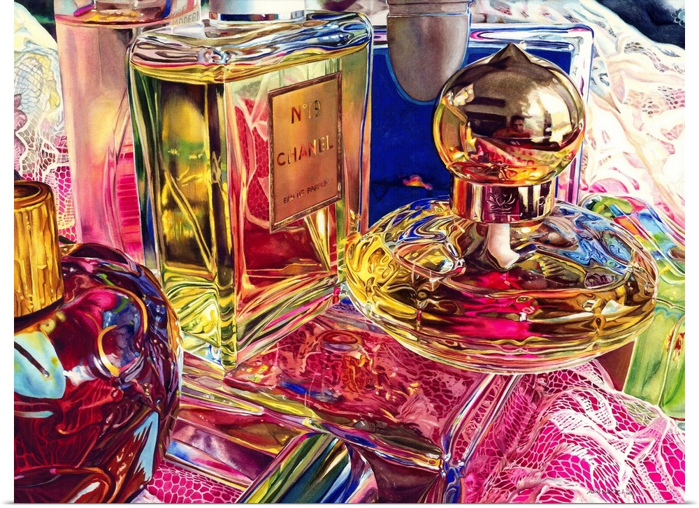 A watercolor painting of perfume bottles stacked on top of a prom dress on a table.
