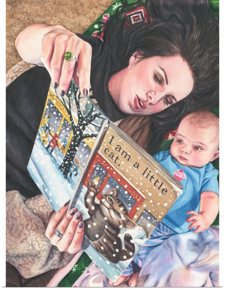 A watercolor portrait of a woman reading a book to an infant.
