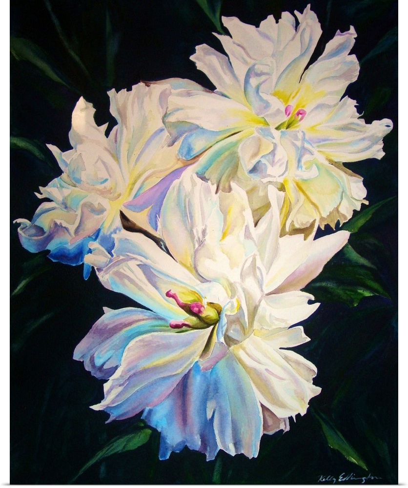 Vertical contemporary watercolor painting of white peonies in bloom.