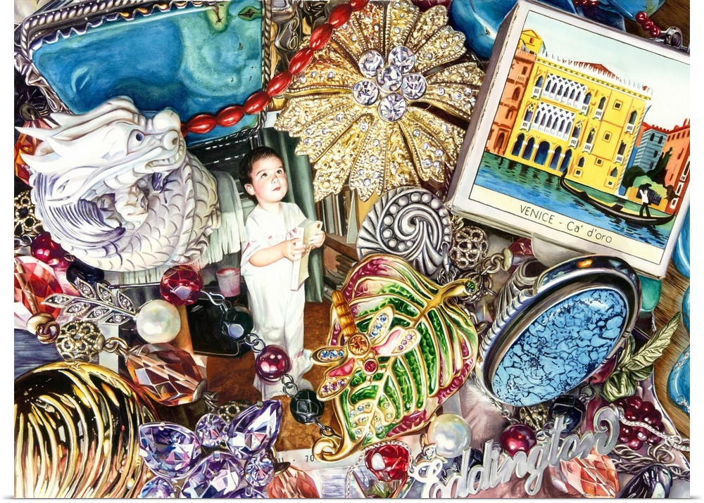 A watercolor close-up of a small selection of jewelry and photos.
