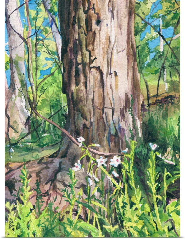 Vertical watercolor painting of a tree thunk surrounded by a blooming forest.