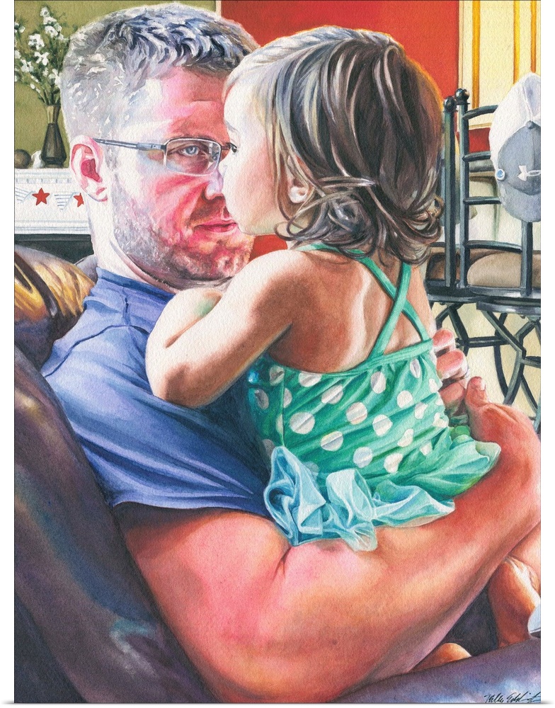 A vertical watercolor painting of a father holding is daughter.