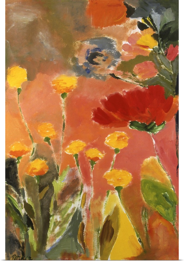 Painting of large, softly-styled flowers in warm colors and green leaves against an orange background.
