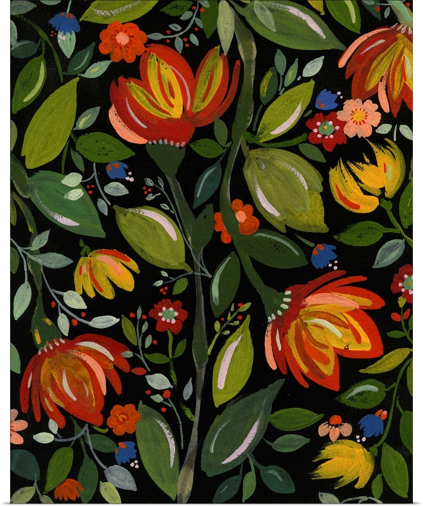 Painting of warm-colored flowers and green leaves against a black background