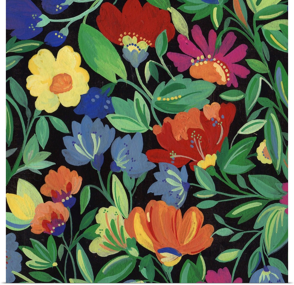 Painting of warm-colored flowers and green leaves against a black background.
