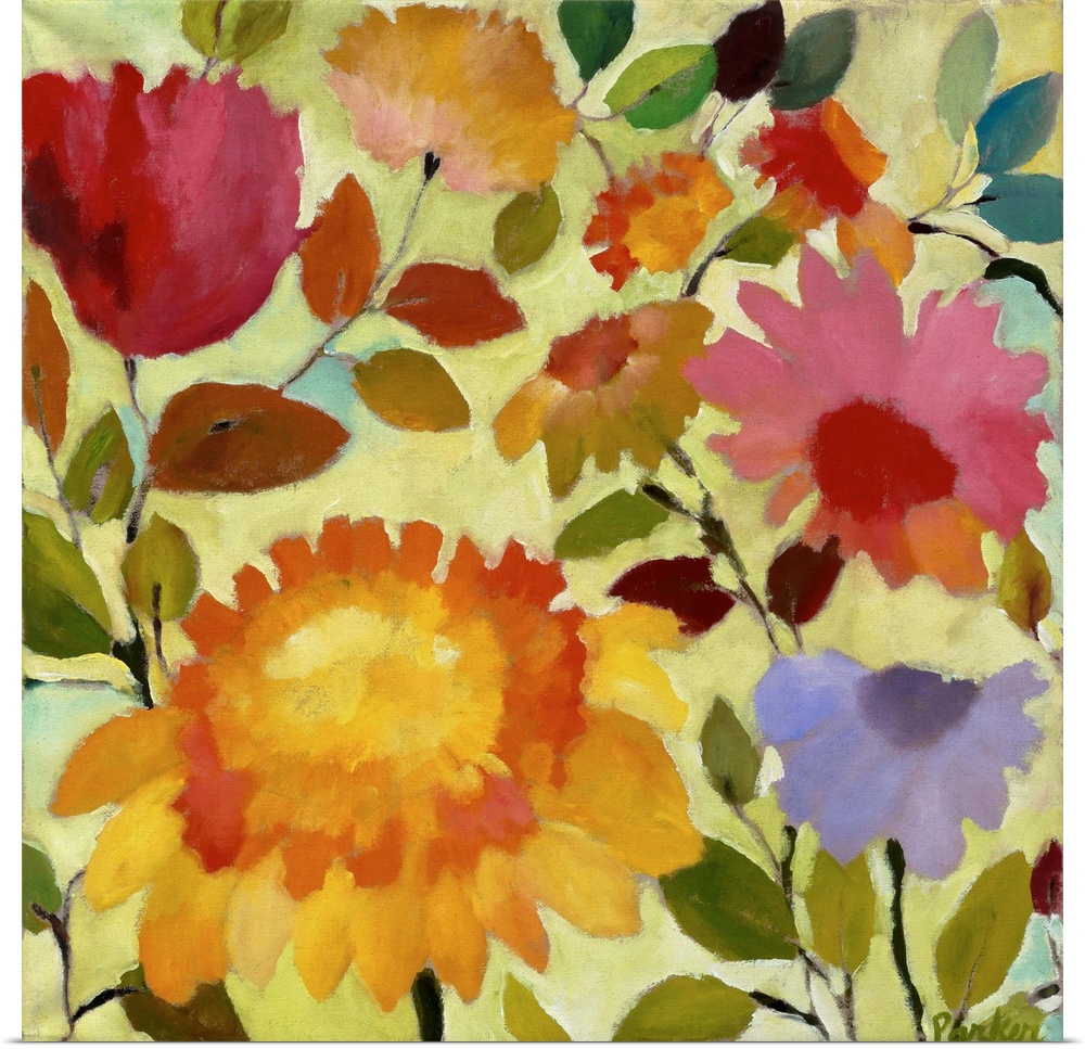 A series of flowers and leaves in warm colors and a soft style against a pale yellow background.