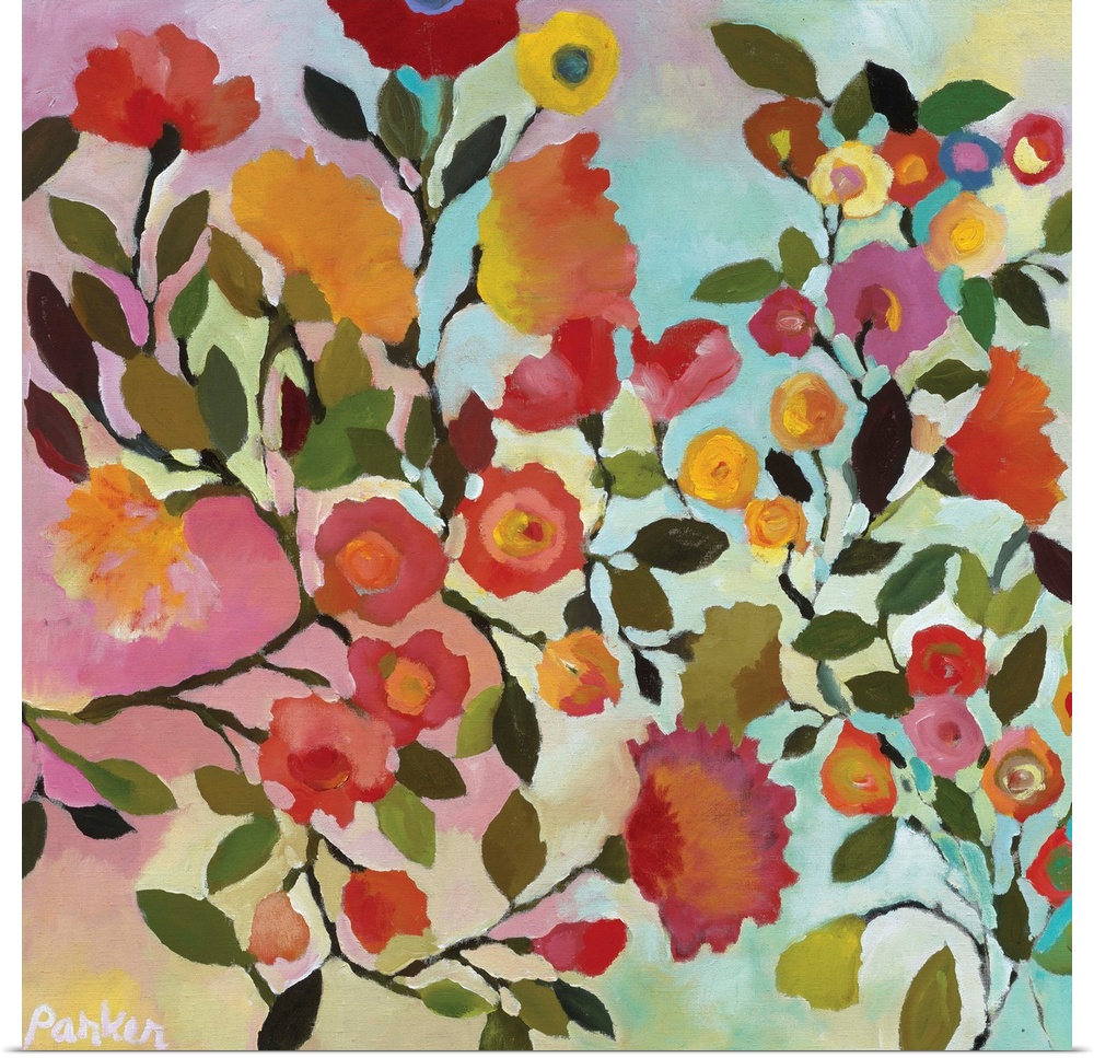 A series of flowers and leaves in warm colors and a soft style against a pale blue background.