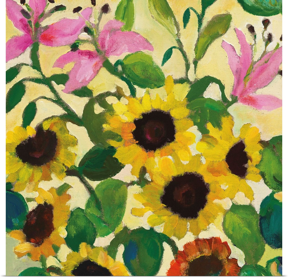 A series of pink lilies and yellow sunflowers in a softly painted style against a pale yellow background.