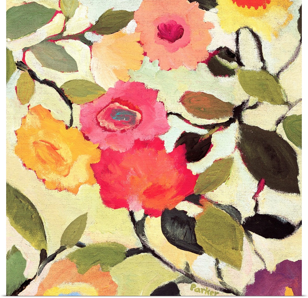 A painting of wild roses against a pale background in a soft style.